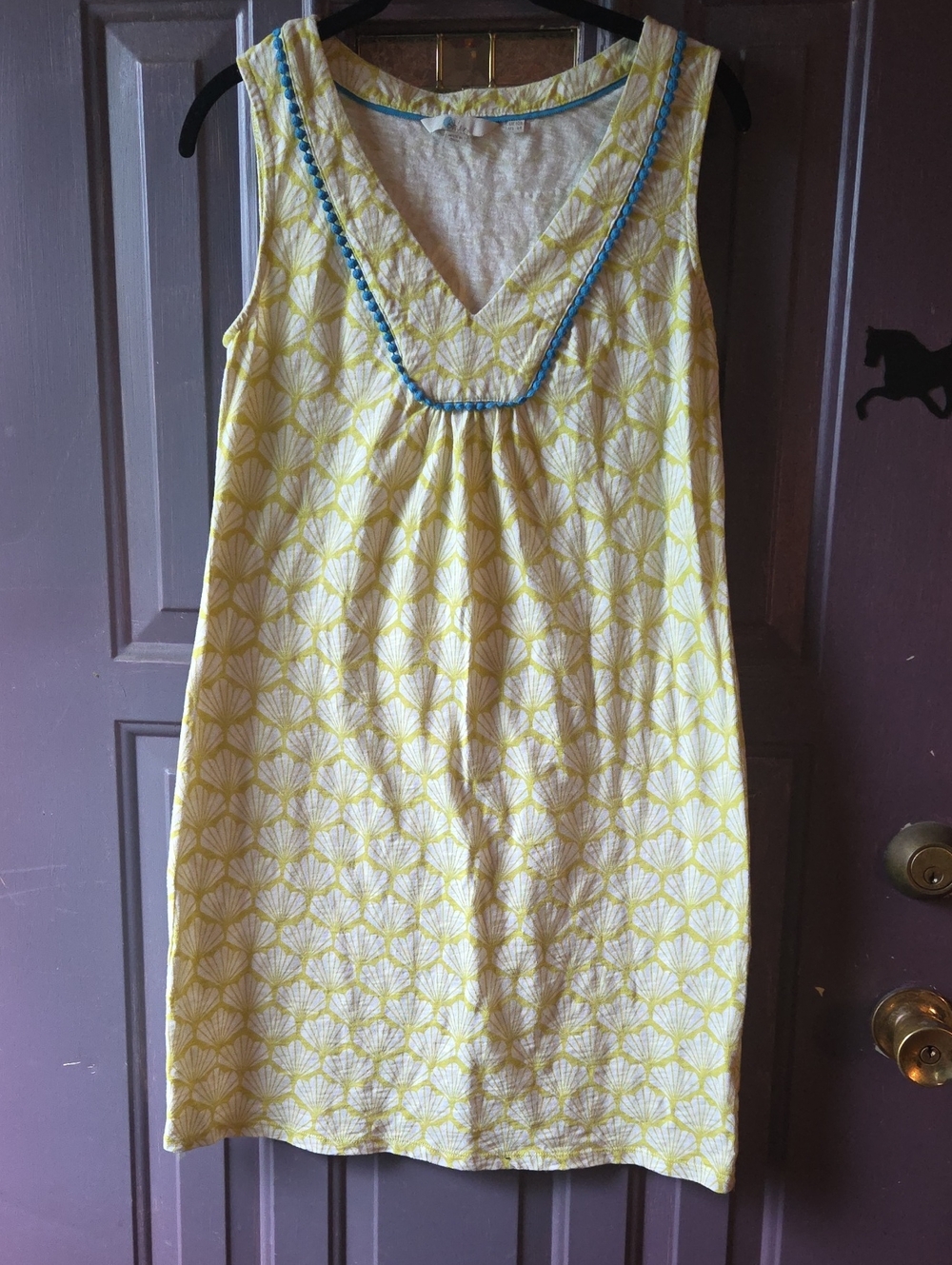 Womens Boden 100% Cotton Dress With Stretch Size 10 Yellow White And Blue Trim